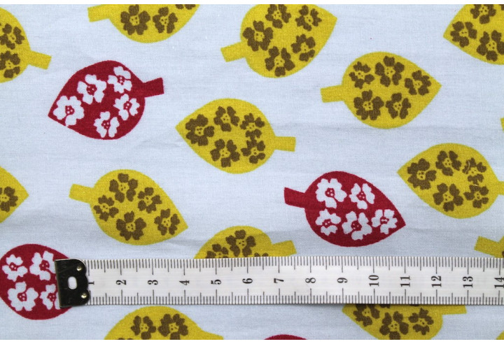 Tissu Popeline Coton Imprimé Feuille&Fleur Jaune/Bordeaux -Au Mètre