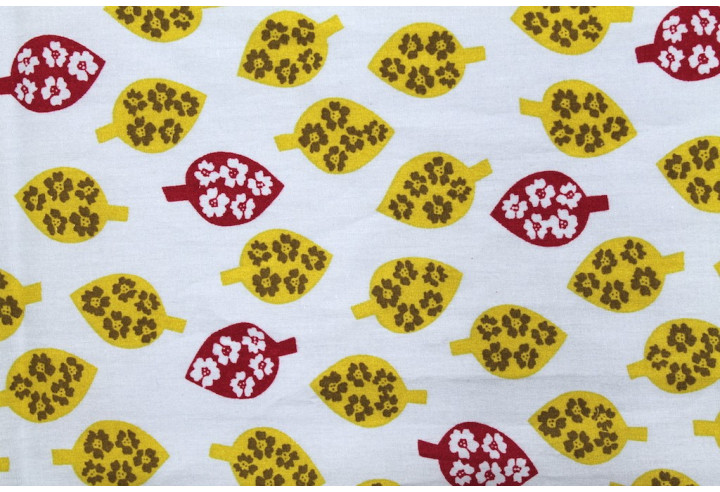 Tissu Popeline Coton Imprimé Feuille&Fleur Jaune/Bordeaux -Au Mètre