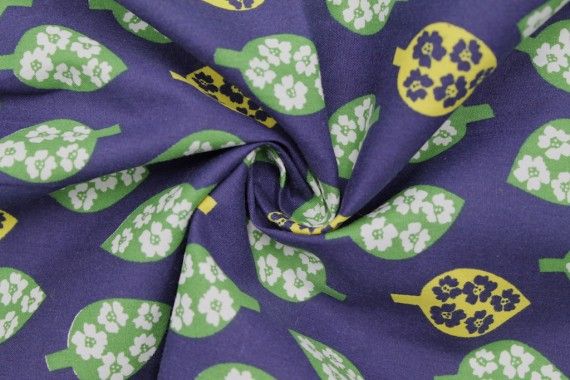 Tissu Popeline Coton Imprimé Feuille&Fleur Vert/Jaune -Au Mètre