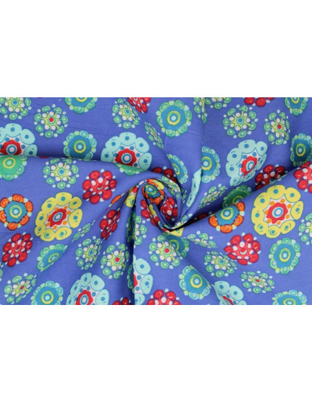 Tissu Popeline Coton Imprimé Fleur Pensée Bleu -Au Mètre
