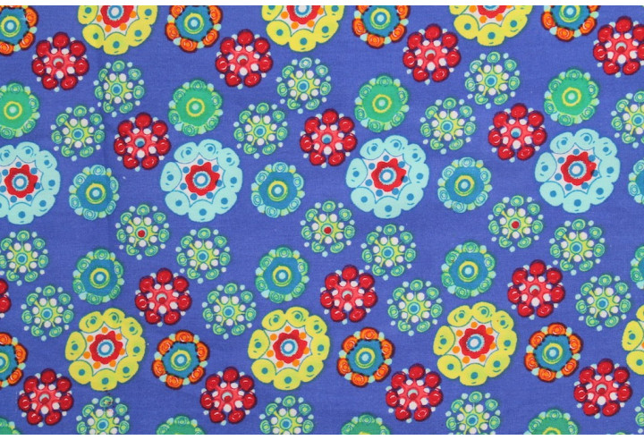 Tissu Popeline Coton Imprimé Fleur Pensée Bleu -Au Mètre