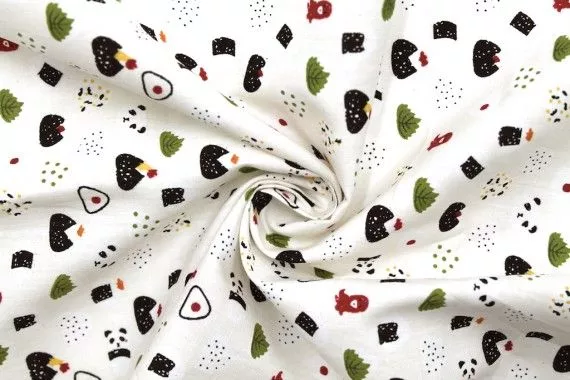 Tissu Popeline Coton Imprimé Monde du Panda Ecru -Au Mètre