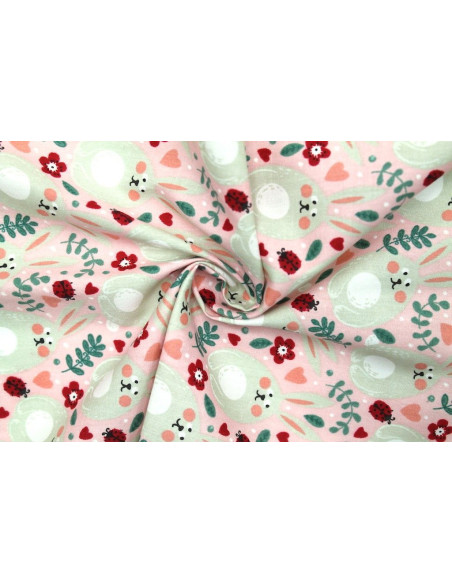 Tissu Popeline Coton Imprimé Gros Lapin Rose -Au Mètre