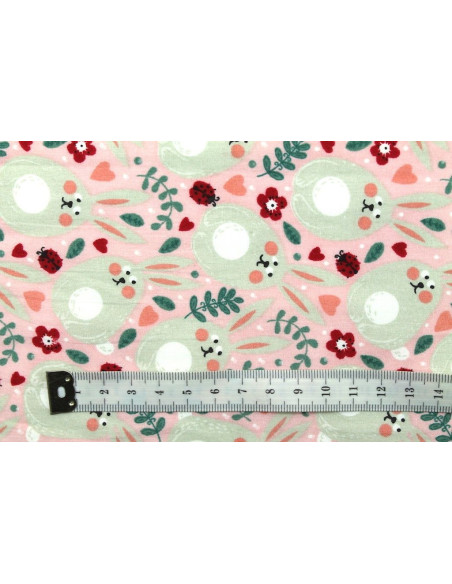 Tissu Popeline Coton Imprimé Gros Lapin Rose -Au Mètre