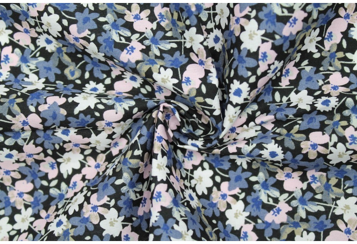 Tissu Popeline Coton Imprimé Fleur Isabelle Marine -Au Mètre
