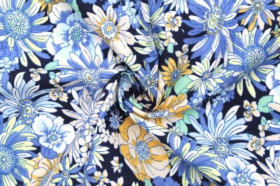 Tissu Popeline Coton Imprimé Tropical Bleu -Au Mètre
