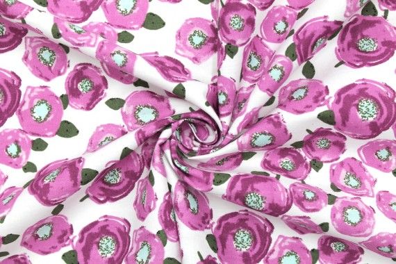 Tissu Popeline Coton Imprimé Fleur Renoncule Violet -Au Mètre
