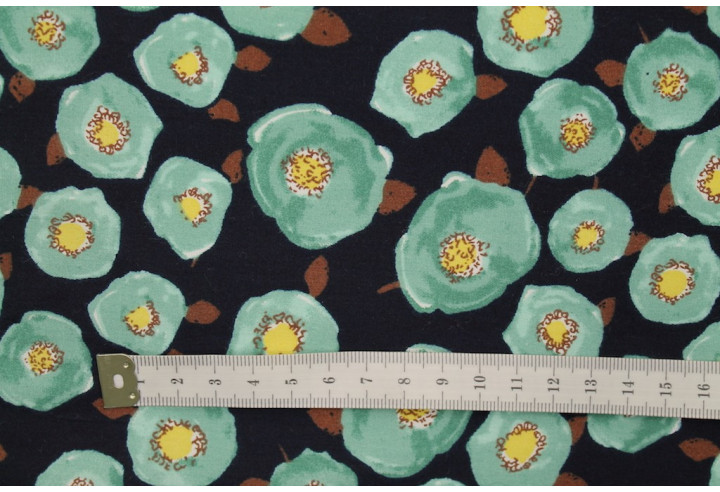 Tissu Popeline Coton Imprimé Fleur Renoncule Vert -Au Mètre