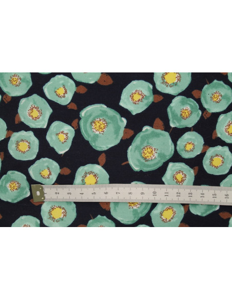 Tissu Popeline Coton Imprimé Fleur Renoncule Vert -Au Mètre
