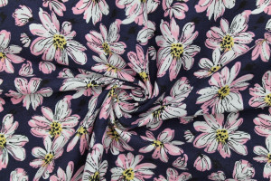Tissu Popeline Coton Imprimé Fleur Amaryllis Marine -Au Mètre