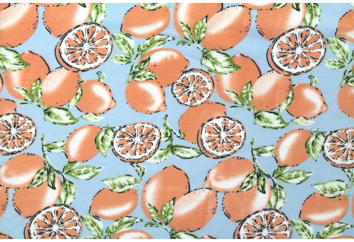 Tissu Popeline Coton Imprimé Lemon Bleu -Au Mètre