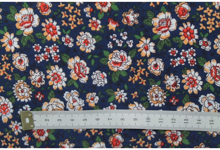 Tissu Popeline Coton Imprimé Fleur Maude Marine -Au Mètre