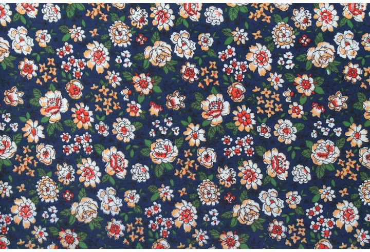 Tissu Popeline Coton Imprimé Fleur Maude Marine -Au Mètre