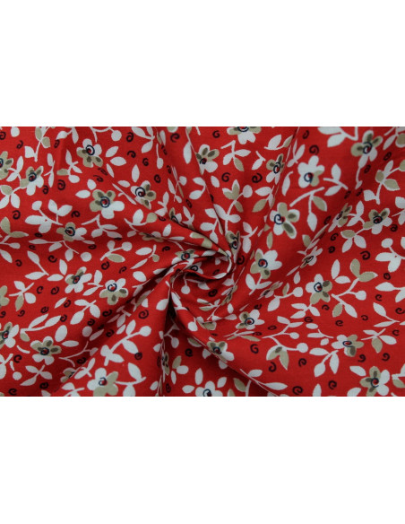 Tissu Popeline Coton Imprimé Fleur Laurie Rouge -Au Mètre