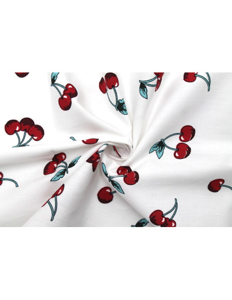 Tissu Popeline Coton Imprimé Cerise Blanc -Au Mètre