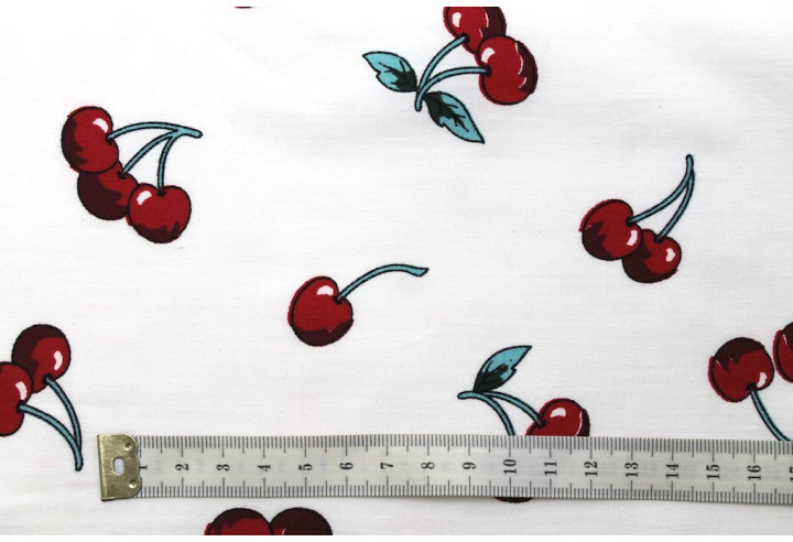 Tissu Popeline Coton Imprimé Cerise Blanc -Au Mètre