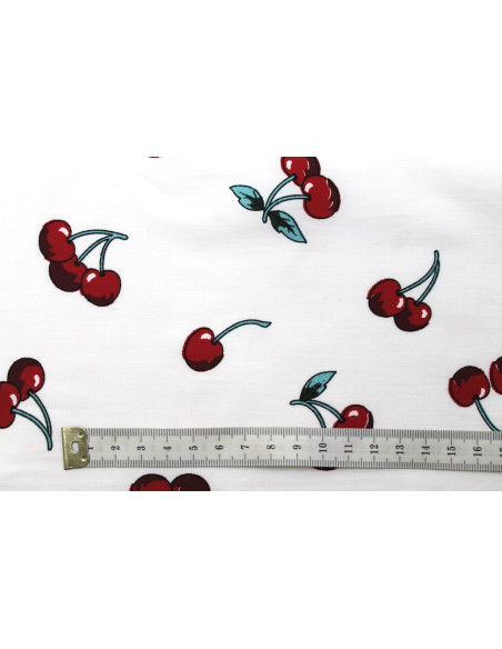 Tissu Popeline Coton Imprimé Cerise Blanc -Au Mètre