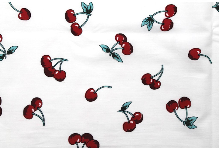 Tissu Popeline Coton Imprimé Cerise Blanc -Au Mètre