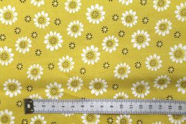 Tissu Popeline Coton Imprimé Fleur Mimosa Moutarde -Au Mètre