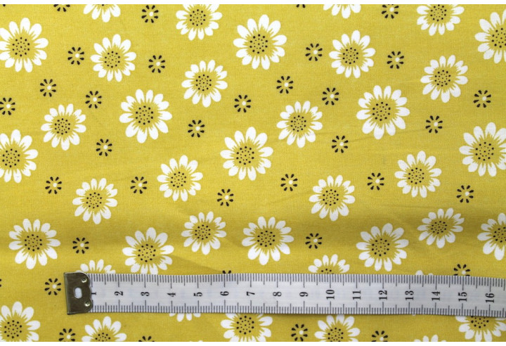 Tissu Popeline Coton Imprimé Fleur Mimosa Moutarde -Au Mètre