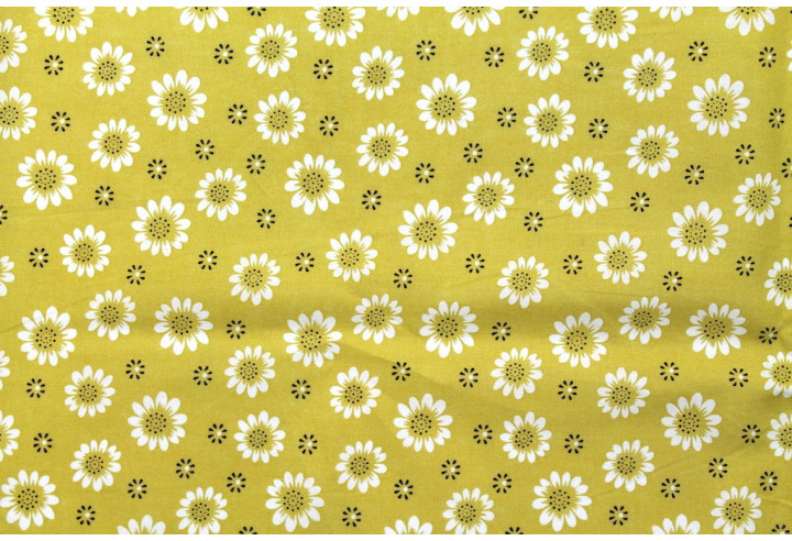 Tissu Popeline Coton Imprimé Fleur Mimosa Moutarde -Au Mètre