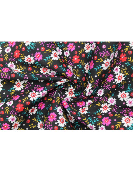 Tissu Popeline Coton Imprimé Fleur Flora Noir/Violet -Au Mètre