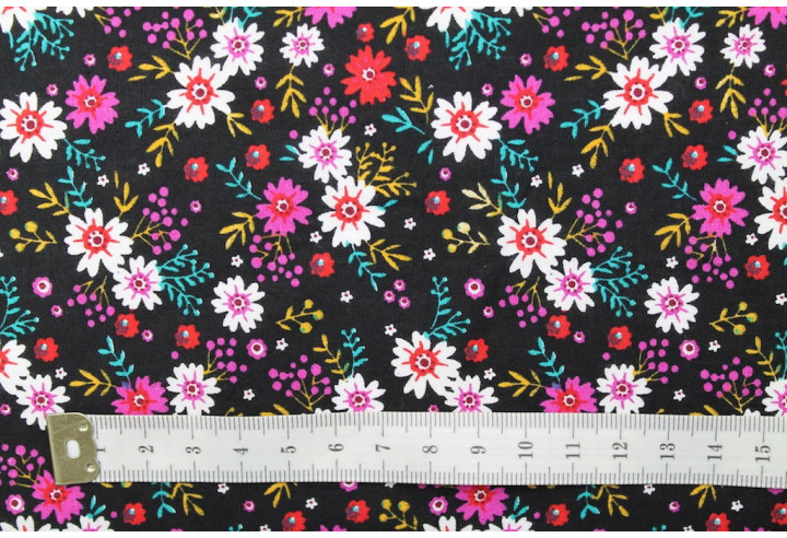 Tissu Popeline Coton Imprimé Fleur Flora Noir/Violet -Au Mètre