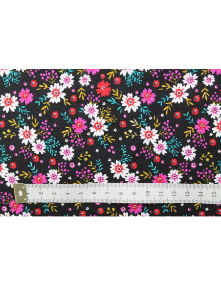 Tissu Popeline Coton Imprimé Fleur Flora Noir/Violet -Au Mètre
