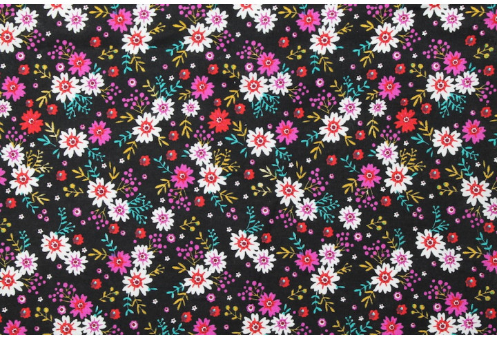 Tissu Popeline Coton Imprimé Fleur Flora Noir/Violet -Au Mètre