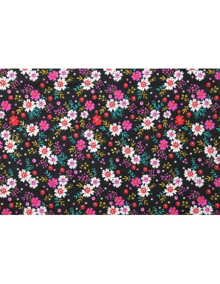 Tissu Popeline Coton Imprimé Fleur Flora Noir/Violet -Au Mètre