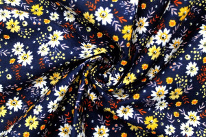 Tissu Popeline Coton Imprimé Fleur Flora Marine/Jaune -Au Mètre