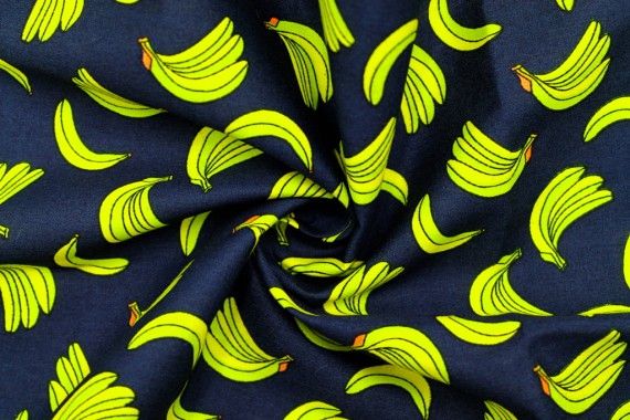 Tissu Popeline Coton Imprimé Grappe de bananes Marine -Au Mètre