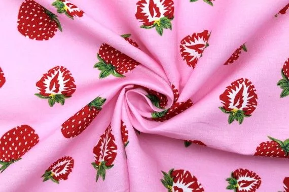 Tissu Popeline Coton Imprimé Fraise d'été Rose -Au Mètre