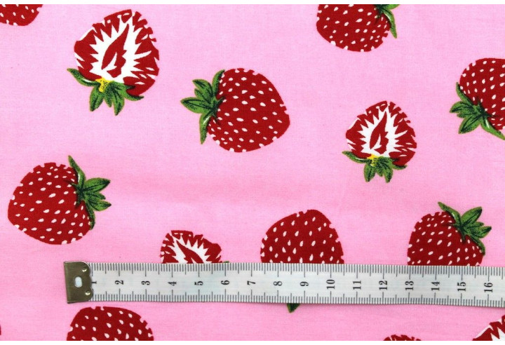 Tissu Popeline Coton Imprimé Fraise d'été Rose -Au Mètre
