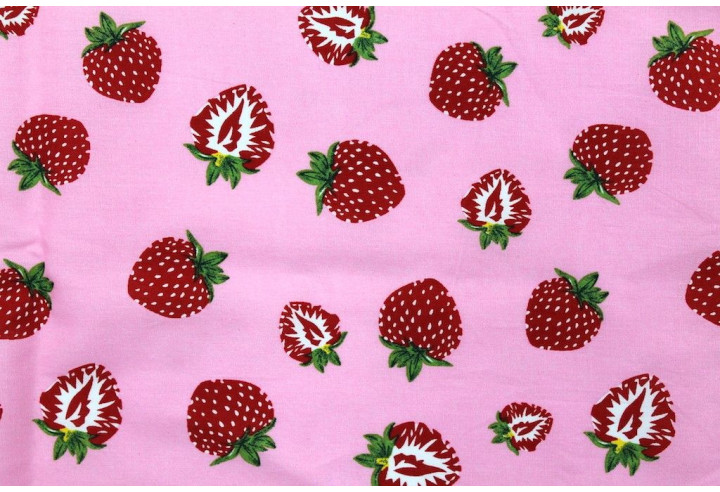 Tissu Popeline Coton Imprimé Fraise d'été Rose -Au Mètre