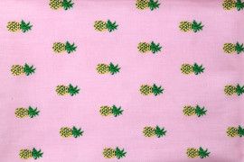 Tissu Popeline Coton Imprimé Ananas Rose -Au Mètre