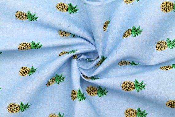 Tissu Popeline Coton Imprimé Ananas Bleu -Au Mètre