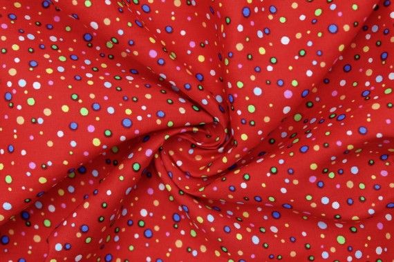 Tissu Popeline Coton Rouge Imprimé Petit Pois colorés -Au Mètre